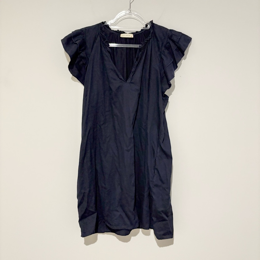 StarkX Ruffle Sleeve Notch V‎ Neck Cotton Dress navy Blue Size Large